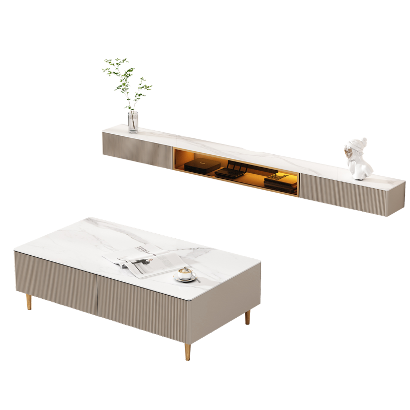 琪皓阁 轻奢悬空岩板电视柜奶油风简约现代极简风小户型客厅壁挂式电视机柜茶几组合 奶咖色160cm长悬空电视柜