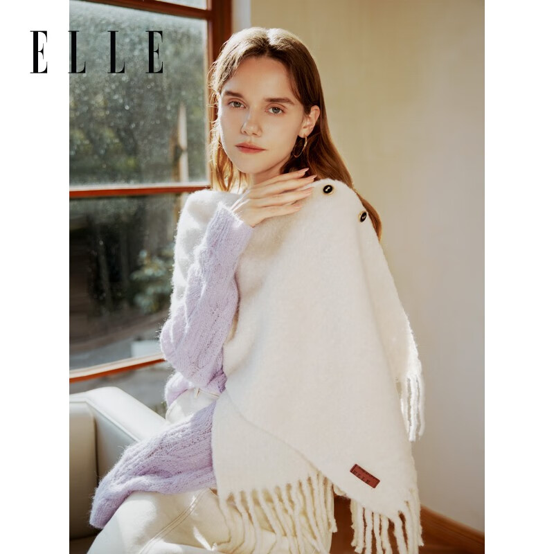 ELLEELLE 羊毛围巾女士秋冬保暖披肩两用斗篷空调房礼物 米杏色 京东折扣/优惠券