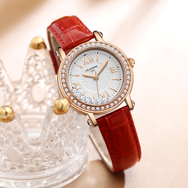 威顿(veadons)手表女时尚石英表复古镶钻防水皮带女士腕表 5076玫壳