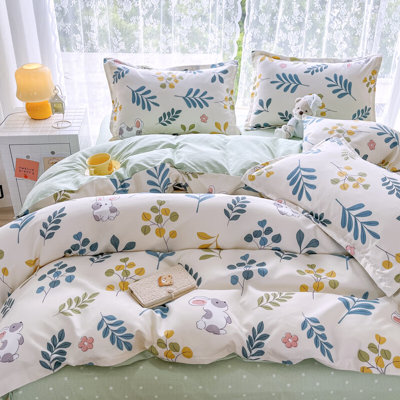 羽匠加厚磨毛小清新印花四件套学生宿舍套件家用床单柔软四件套秋冬季 丛林兔 床单款 床四件套(被套200*230cm)