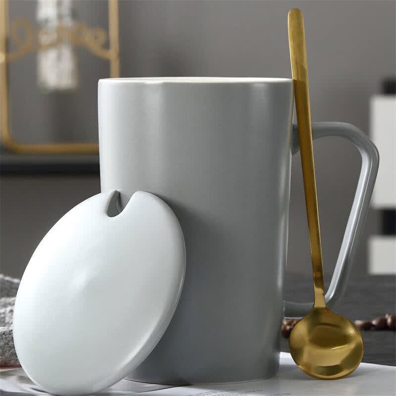 盛芯华【轻奢】陶瓷马克杯创意陶瓷杯情侣马克杯礼品杯子带盖勺男女家用 泡沫包装-纯色-瓷盖(杯+盖+勺)摩