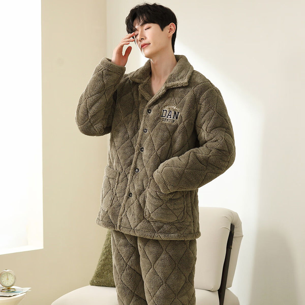 香蜜闺秀【三层夹棉加厚】男士睡衣秋冬新款长袖可外穿保暖男士家居服套装 W3424013橄榄绿 3XL