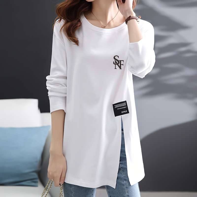 秋季新款下摆开叉开衩长袖中长款女士打底t恤100开叉长袖t恤女春秋季