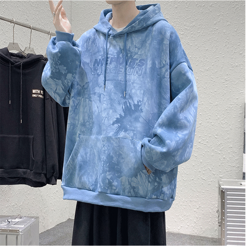 扎染连帽卫衣男春秋ins潮牌宽松百搭上衣秋季原宿风韩版潮流外套 蓝色