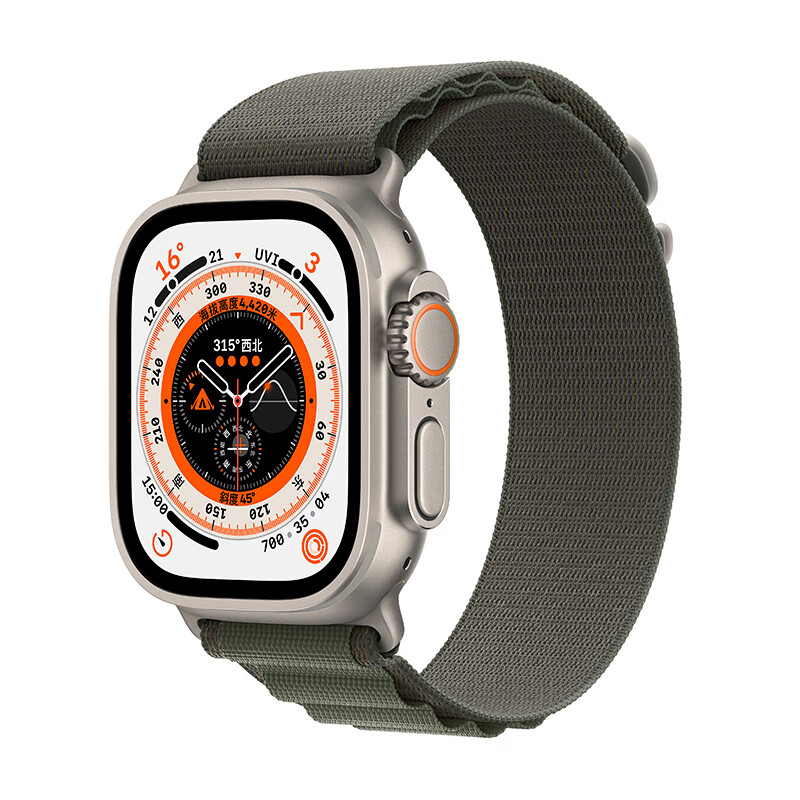Apple【超值补贴】Watch Ultra 智能手表 49mm 钛金属原色 钛金属表壳+绿色高山回环式表带中号【蜂窝款】MQF83CH/A