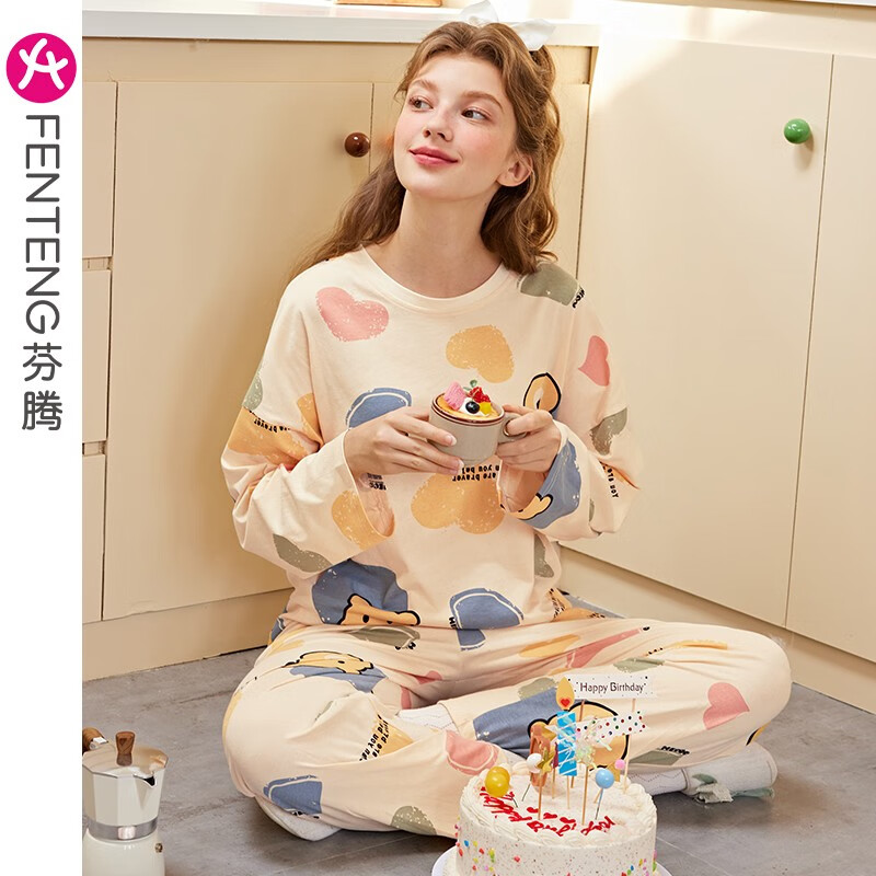 芬腾睡衣女纯棉春秋季长袖套头套装夏天可爱甜美少女加大码家居服 450杏色 L 建议：110-125斤