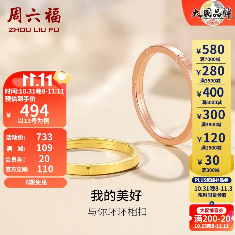 周六福（ZLF） 环环相扣系列18K金戒指简约玫瑰金车花百搭素圈戒指 红色-16号（0.7-1.1g)高性价比高么？