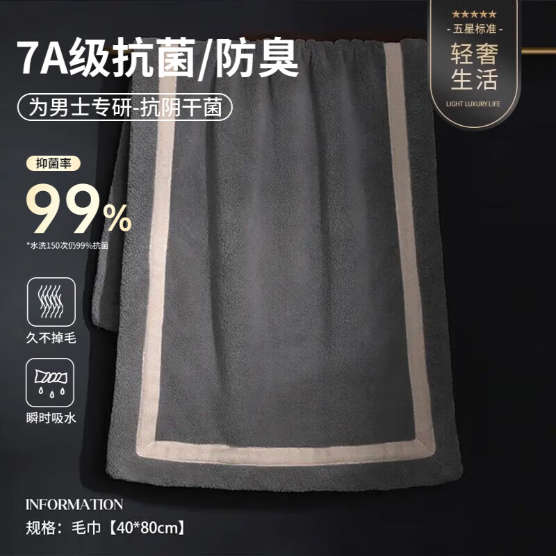 OQB7a级抗菌防臭毛巾7A抗阴干面巾轻奢高级感吸水加厚不掉毛柔软男士 40.1x80.1cm铁灰 1条 轻奢几何高端毛巾
