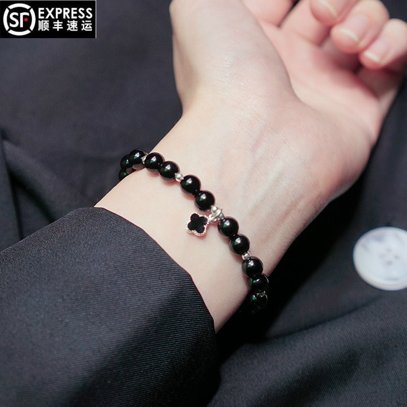 闪凤黑曜石手链四叶草水晶手链细圈女 净手围14cm