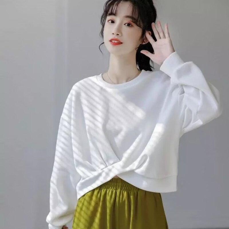 恺吉锐短款白色卫衣女春秋薄款设计感小众年不规则长袖宽松上衣 白色
