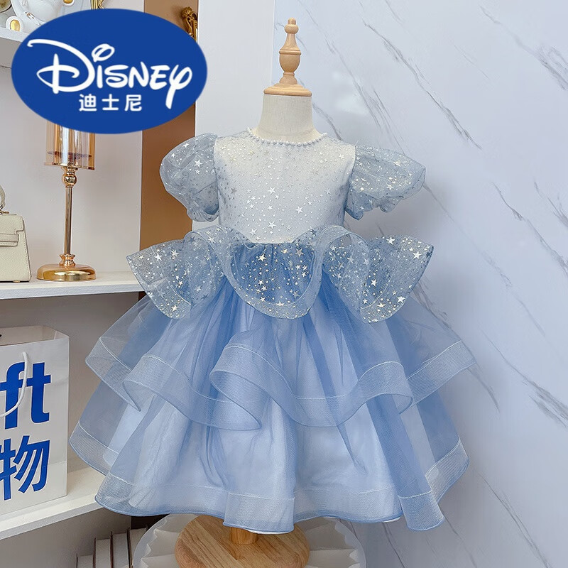 迪士尼（Disney）女童礼服儿童生日公主裙蓬蓬裙夏季花童婚纱女孩主持人钢琴演出服 蓝色 110cm