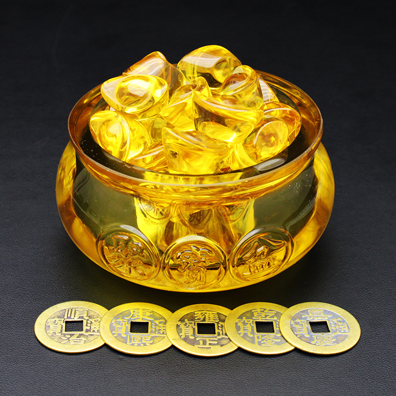 琉璃摆件易晶缘琉璃金元宝黄色水晶聚宝盆摆件办公桌桌面饰品风水聚财
