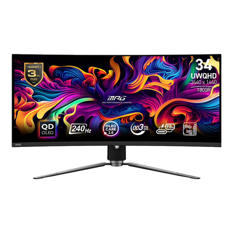 微星（MSI）34英寸 准4K 量子点QD-OLED 面板  240Hz 0.03ms(GTG) 10Bit Type-c98W 游戏电竞曲面显示器 MPG 341CQPX QD-OLED