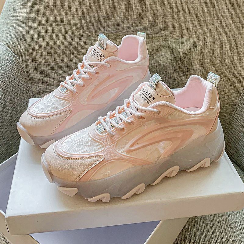 uhfv潮牌ins百搭透气老爹鞋女夏季网鞋水晶小白鞋休闲运动鞋增高 粉色