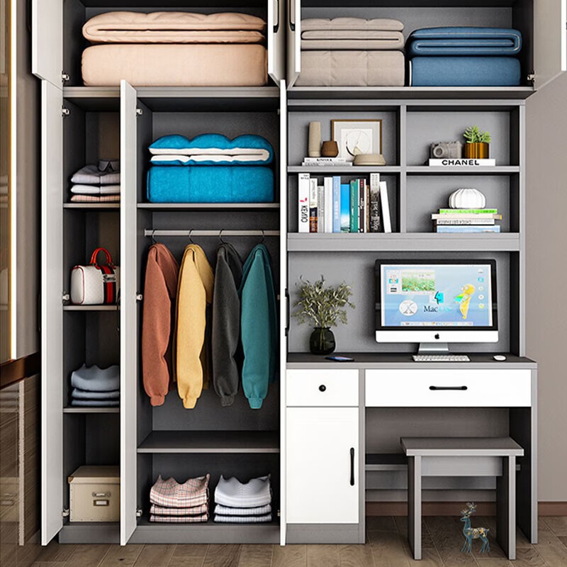 木叶间上门安装简约书桌带衣柜一体电脑桌书柜组合小户型家用卧室写字台 白色1.8三门衣柜+书桌+顶含凳子 包安装