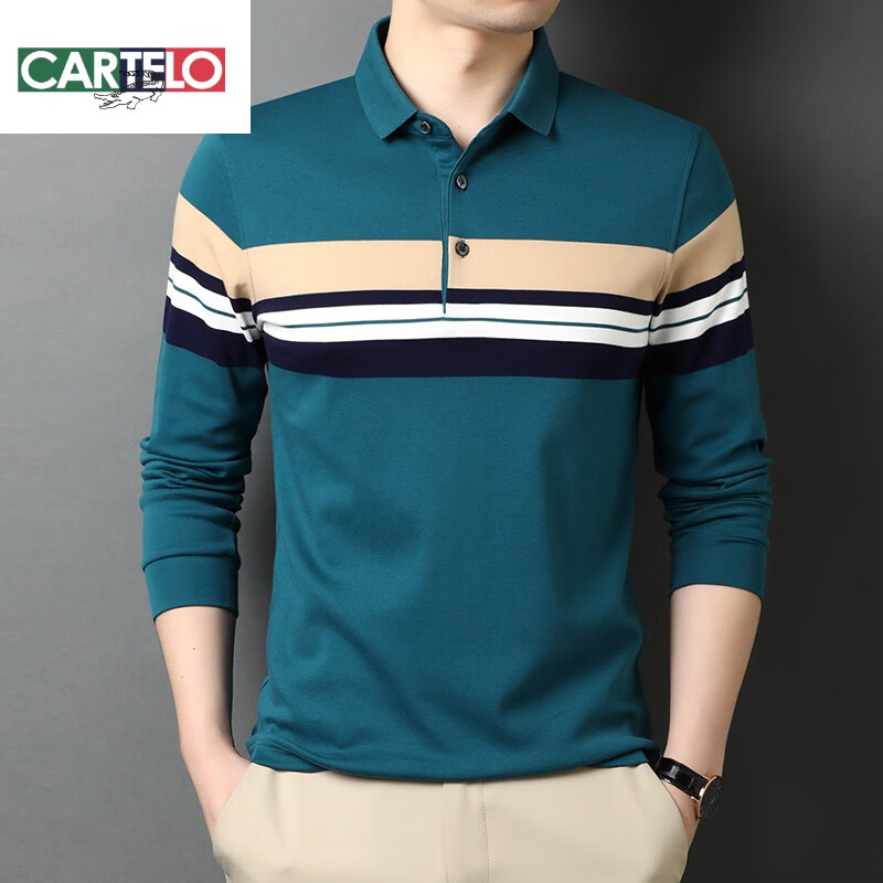 卡帝乐鳄鱼春秋季中年男士纯棉长袖t恤条纹商务休闲翻领爸爸装polo衫