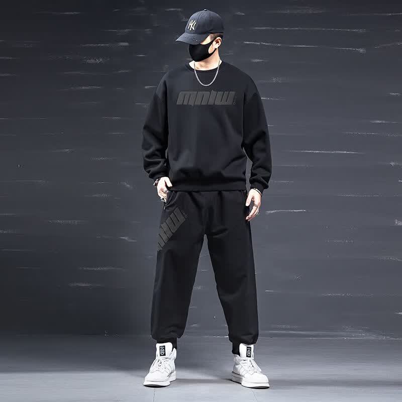码宽松胖子男装男士运动服肥佬卫衣潮 黑字母-111套装 xl_140-160斤