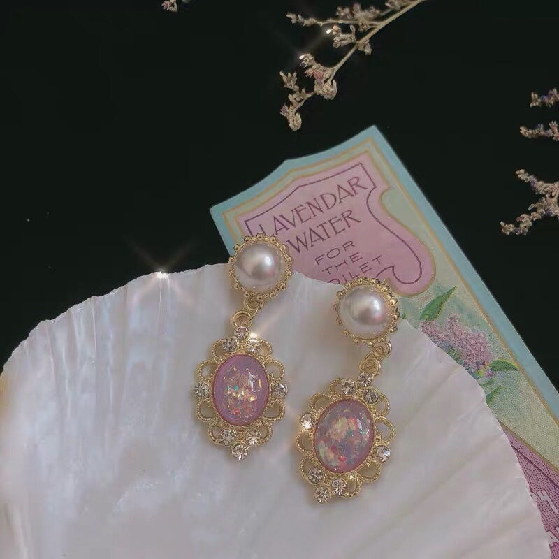 巴洛克紫色宝石耳环长款镶钻耳坠气质名媛淑女宫廷风耳夹 巴洛克紫