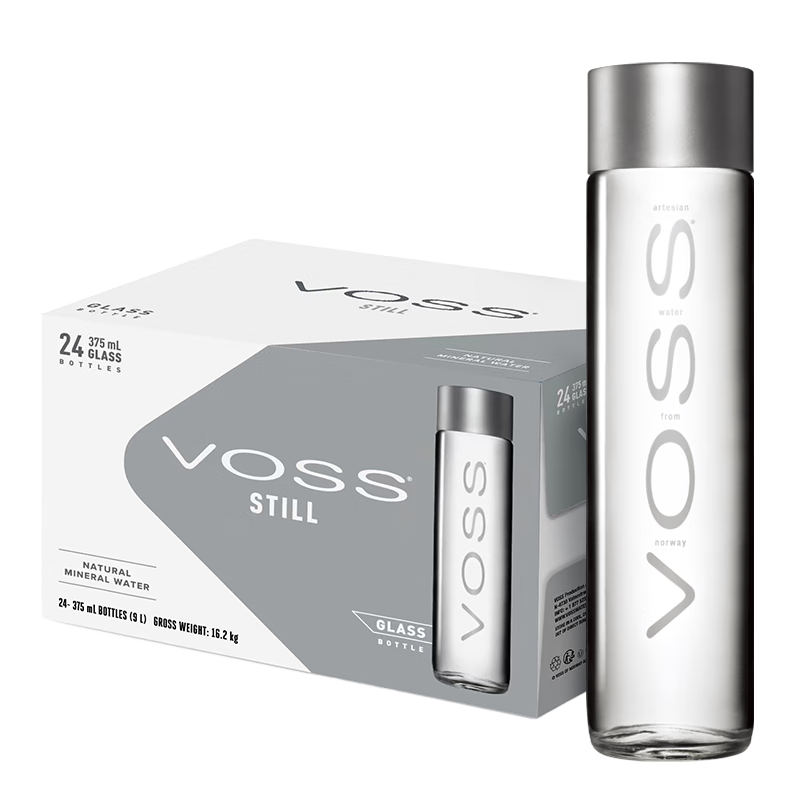 挪威原装进口 芙丝(VOSS) 饮用天然泉水（深层自流） 375ml*24瓶（玻璃瓶）整箱