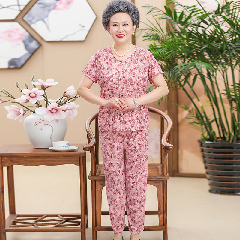 奶奶睡衣女夏装奶奶装夏装套装老年人女装夏季短袖t恤两件套60岁老