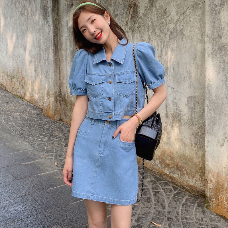 蔓草寇牛仔套装牛仔外套短款牛仔短裙ktv风套装牛仔衣牛仔裙港版 浅