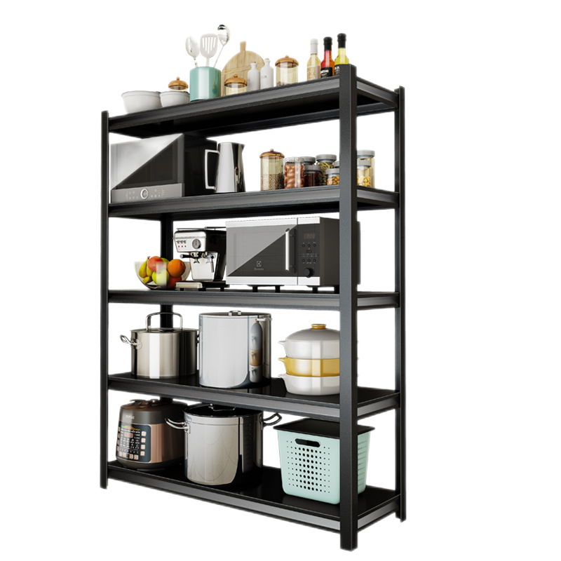 亿肃河【整根立柱层距随意调节】厨房置物架碳钢黑色收纳家用落地式多层储物放锅架家厨具烤箱货架子 豪华升级特厚碳钢整根立柱-四层高150 『层间可调节』长60*宽40