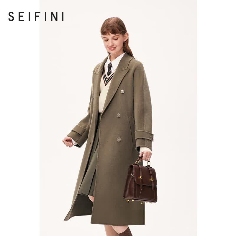 诗凡黎（‘S EIFINI）全羊毛毛呢外套2023冬新款长款双面呢大衣女 深咖啡 S 155/80A