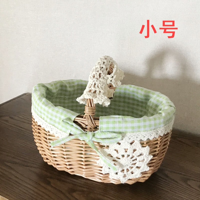 赛乐透菜篮水果篮食物存放储物儿童玩具小篮子手提篮竹篓子床头筐编织小 原木色绿格布小号JUW