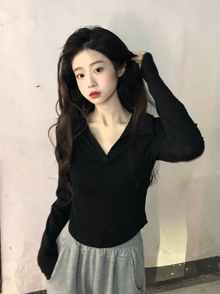 下polo衫女纯欲风短款长袖t恤女装春季辣妹设计感修身 黑色翻领长袖t