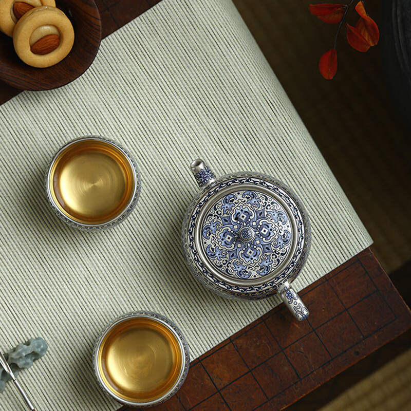 BOSSY金银错大师作品鎏银复古泡茶壶家用功夫茶具一壶两杯商务礼盒装 鎏银【青花龙】(礼盒) 3头