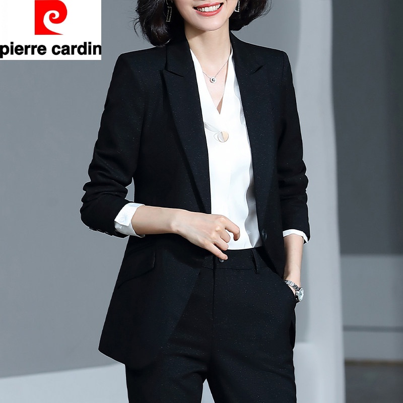 皮尔卡丹品牌高档女装黑色西装外套女士正装韩版春秋高端职业套装气质