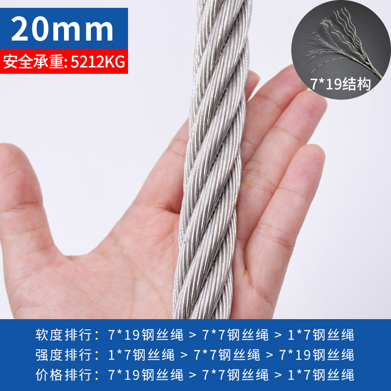 八千（BAQIAN）不锈钢钢丝绳吊起重304不锈钢丝绳钢丝线钢索绳234568101216mm 20mm(7*19 安全承重4222公斤) 1米 0m