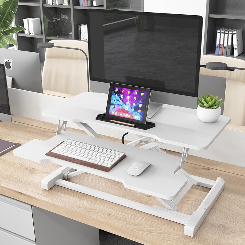 佰泽 电脑升降桌笔记本显示器电脑台式增高架站立式办公移动工作书桌 带键盘托-白架+白色