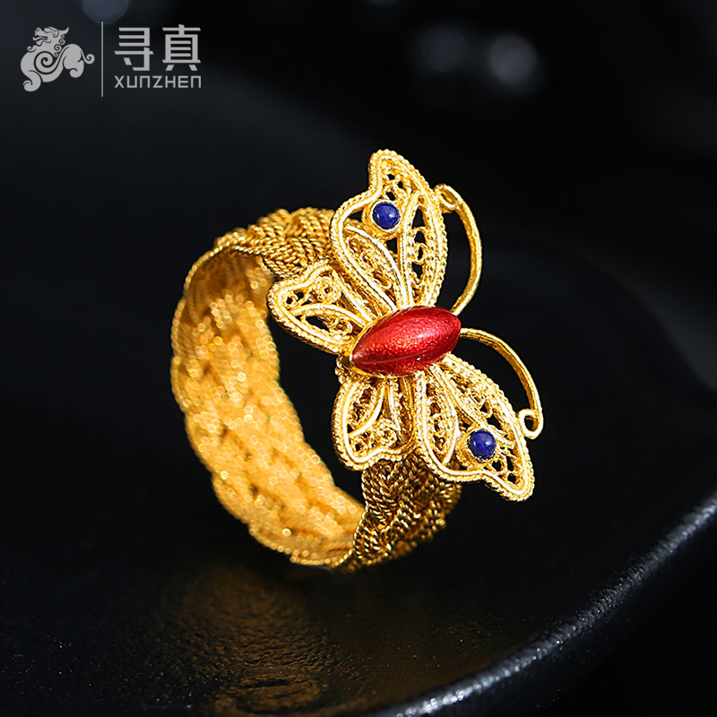 寻真珠宝999足金蝴蝶结黄金戒指女款古法手工花丝镶嵌工艺结婚首饰金
