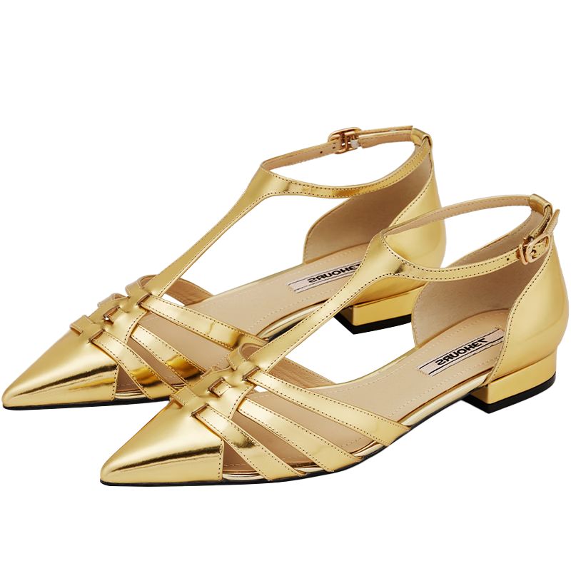 73Hours女鞋轉圈圈春秋季新款包頭平底豬籠鞋時(shí)裝編織羅馬涼鞋 金色 38