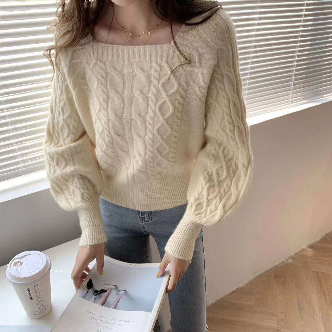 糖哆修身长袖上衣低领女蕾丝内搭方领毛衣女锁骨外穿短款冬季法式针织