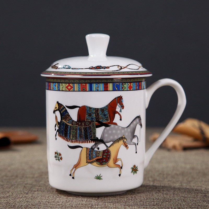 陶瓷茶杯带盖家用杯喝茶水杯青花瓷办公杯子泡茶会议杯定制 珐琅彩马