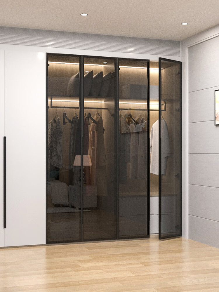 全屋定制极简衣柜钢化玻璃柜门定制定做铝框酒柜门现代简约橱柜 黑框