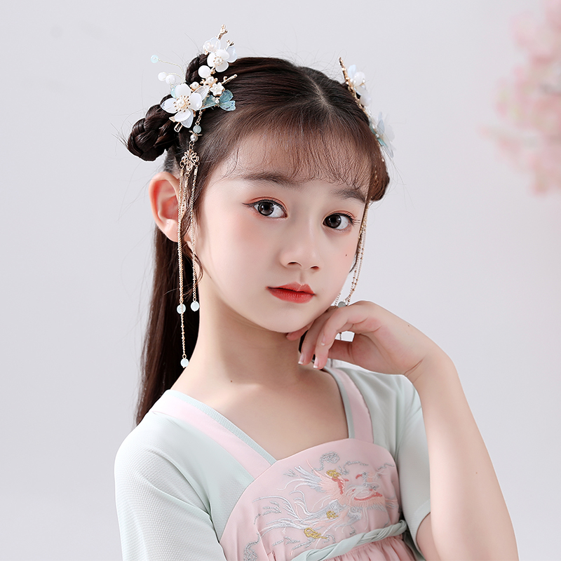 海力欧女童汉服发饰儿童演出跳舞汉饰流苏边夹头饰小女孩古风活泼 青