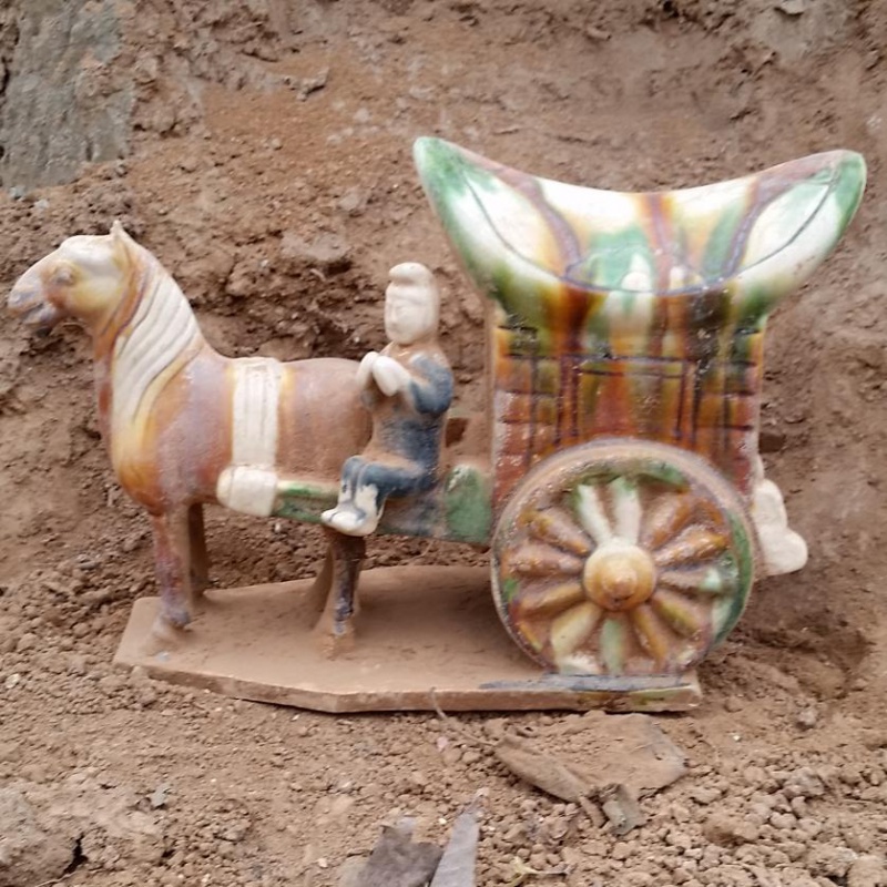 曲美思仿唐朝马车唐三彩马拉车陶瓷摆件 古董古玩杂项 包到年代