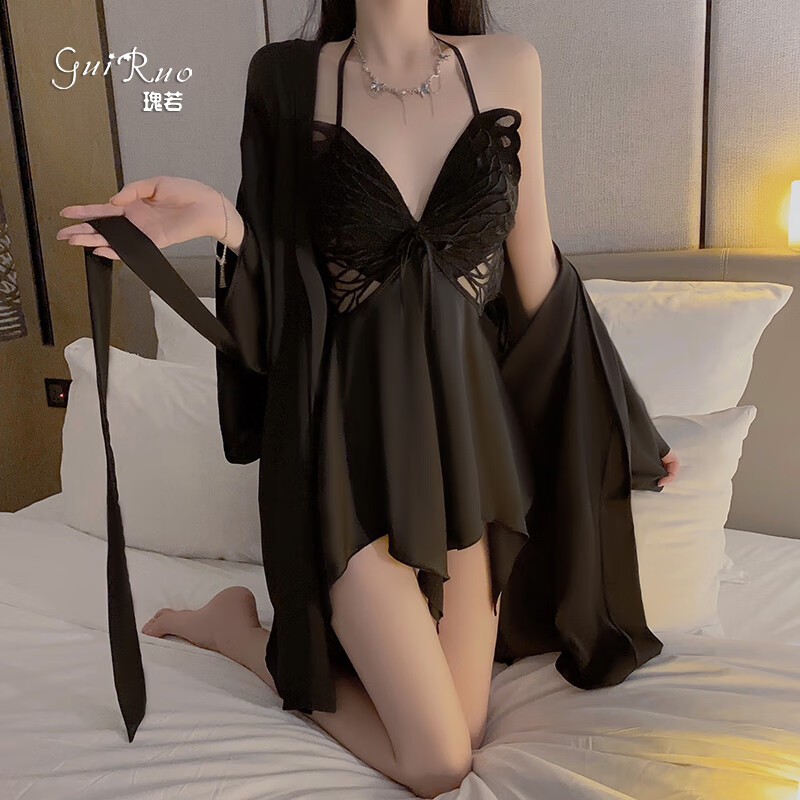 瑰若新款情趣内衣女夫妻刺激高档蝴蝶结套装聚拢性感睡衣大码高端睡裙 【套装P3945】【睡裙+胸垫+外袍+腰带】黑色 M(80-105斤)