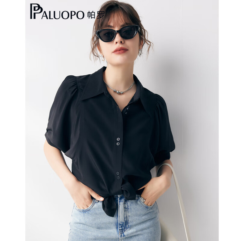 帕罗（PALUOPO）【慵懒气质】夏季季真丝衬衫领质感纯色泡泡袖桑蚕丝女士上装衬衣 黑 M (160/84A)