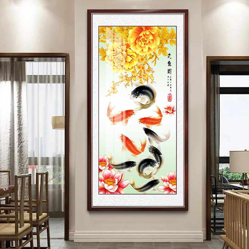 欧艺美 九鱼图玄关装饰画聚财竖版入户过道走廊墙招财