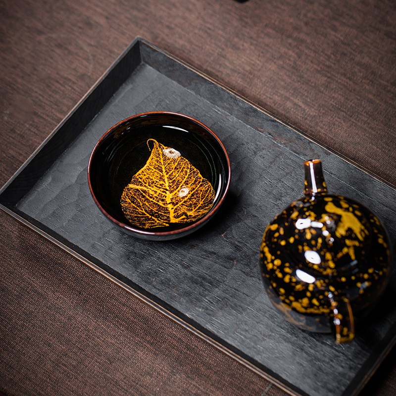 鋆钰 吉州窑功夫茶具套装陶瓷泡茶壶茶杯礼盒装 木叶盏 天目瓷 天目瓷六件套 色釉