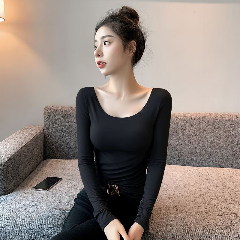 俏娃宝贝大领口秋衣打底衣女秋款低领矮领口显胸大性感打底衫女长袖u