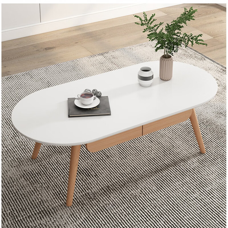 简约原木长方形小户型客厅带抽屉茶几 白色双抽长圆形120x60x45橡木