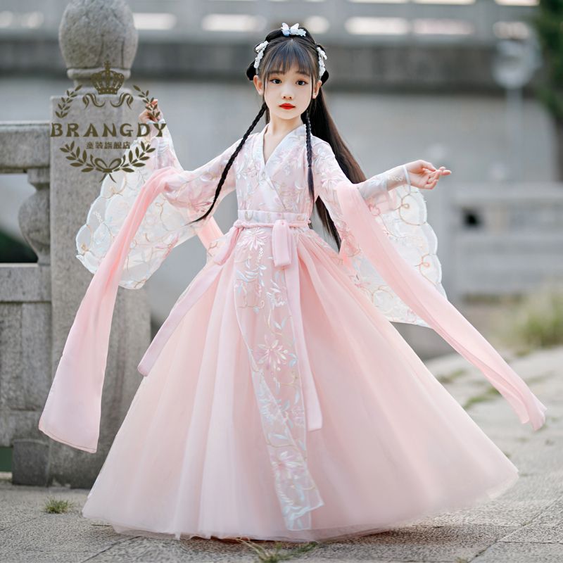 儿童汉服女童古装超仙小学生古代服装女童汉服儿童古装长袖连衣裙中大