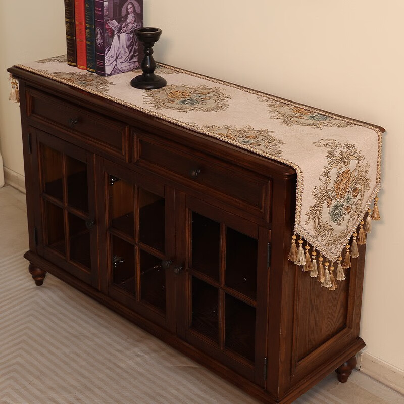 乐唯仕美式桌旗轻奢高端餐桌旗布高级感长条茶几布欧式餐边柜斗柜盖布巾 塞纳花园-米(高定款) 35cm*210cm(尺寸包含吊穗)