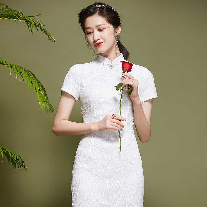 旗袍夏季中长款赫本风气质收腰显瘦网布年轻款白色旗袍连衣裙 白色 s