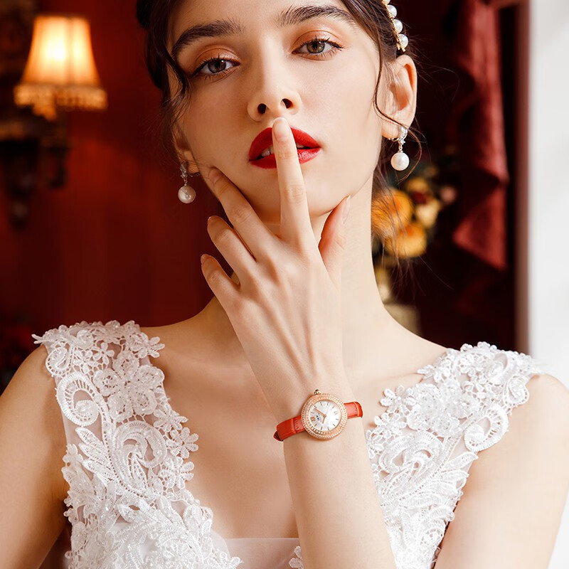 爱沃驰瑞士达芬奇系列璀璨星空轻奢石英手表女士表七夕生日礼物送女友 玫壳白盘|红皮带